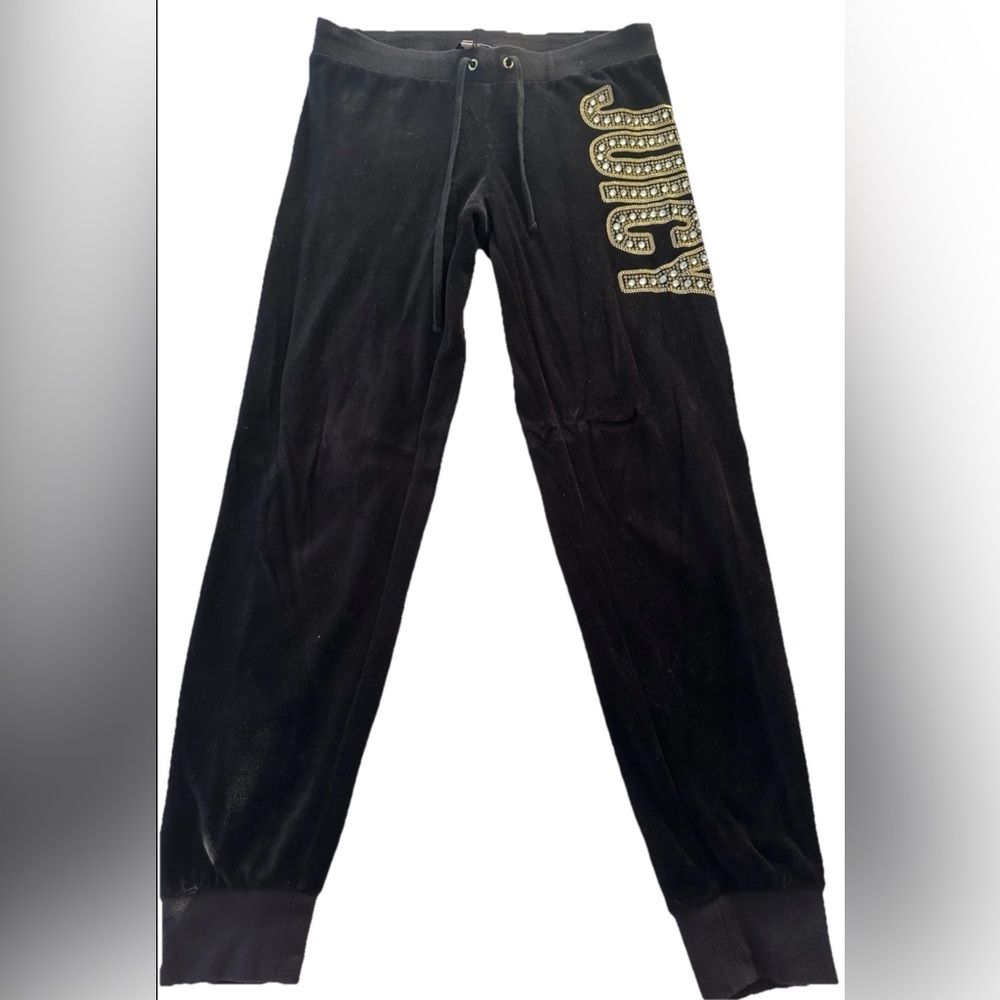 ⚡️Summer Sale ⚡️ Juicy Couture Black Velour Track Pants Rhinestone Logo